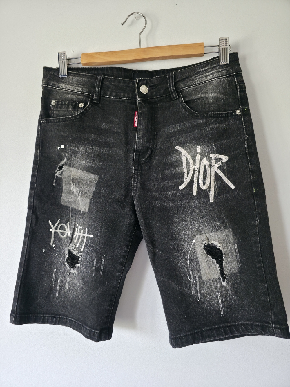DSQUARED2 D!oR INSPO Black Denim Graffiti-Style Distressed Shorts
